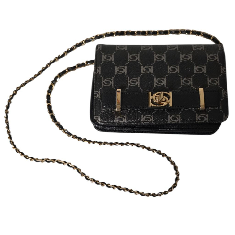bebe Monogram‎ Crossbody Wallet on Chain Bag Black Grey Gold Logo WOC Messenger